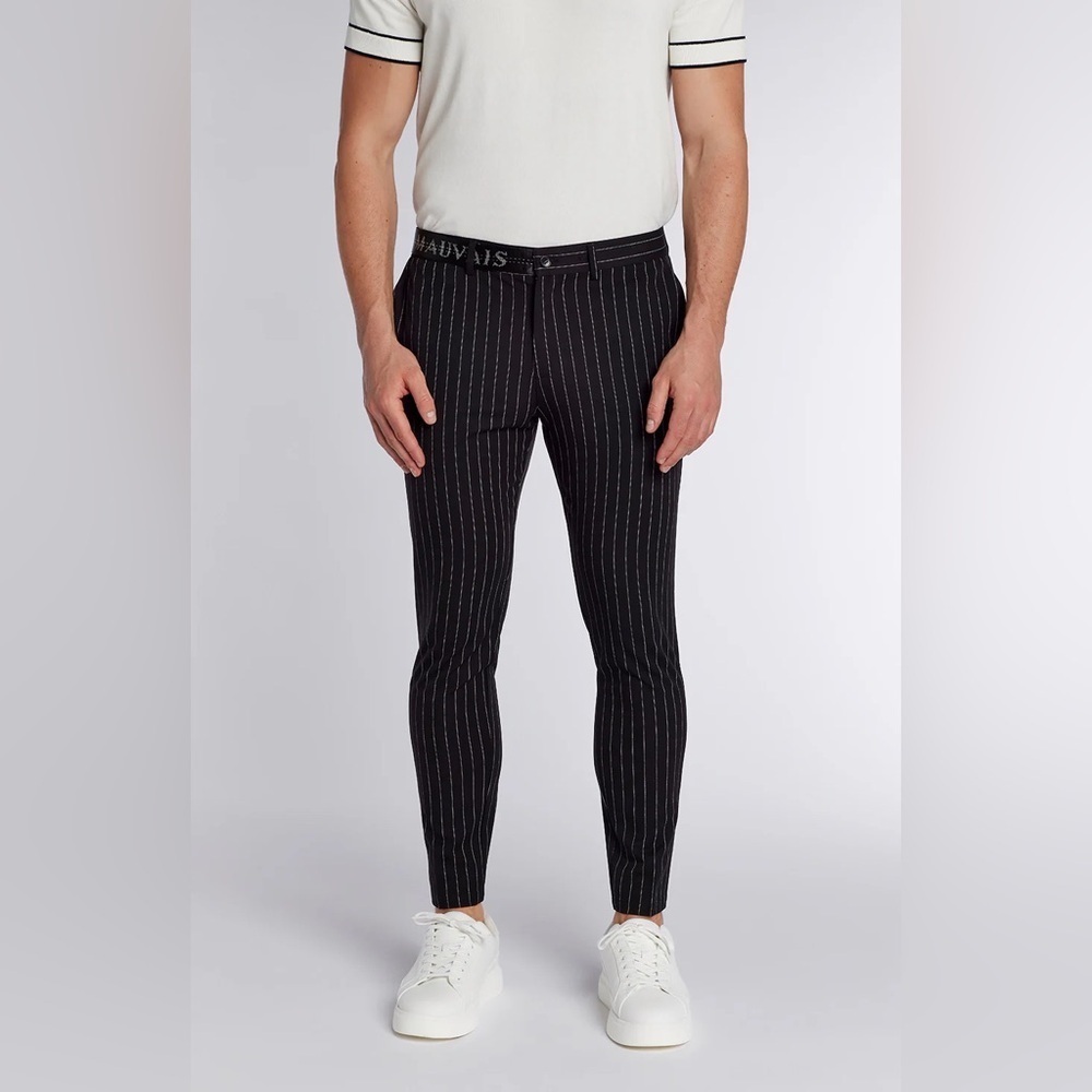 mauvais Men’s pinstripe trousers with half belt Black Size 32